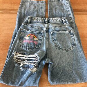 Playboy Pacsun Boyfriend Jeans Women 23 Blue Bunny Patch Distressed Ripped Back